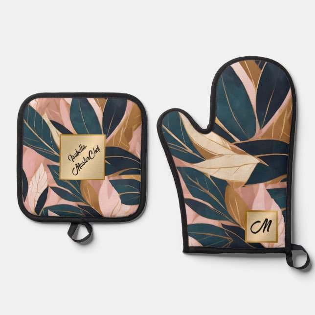 Blush Pink Gold Boho Trendy Leaves Collection Oven Mitt & Pot Holder Set (Front)