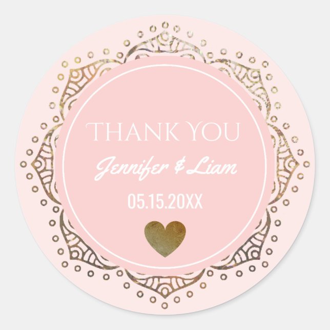 Blush Pink Gold Boho Wedding Heart Thank You Favou Classic Round Sticker (Front)