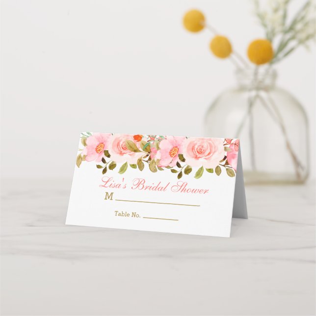 Blush Pink Gold Bridal Shower Folded Place Card (Front)