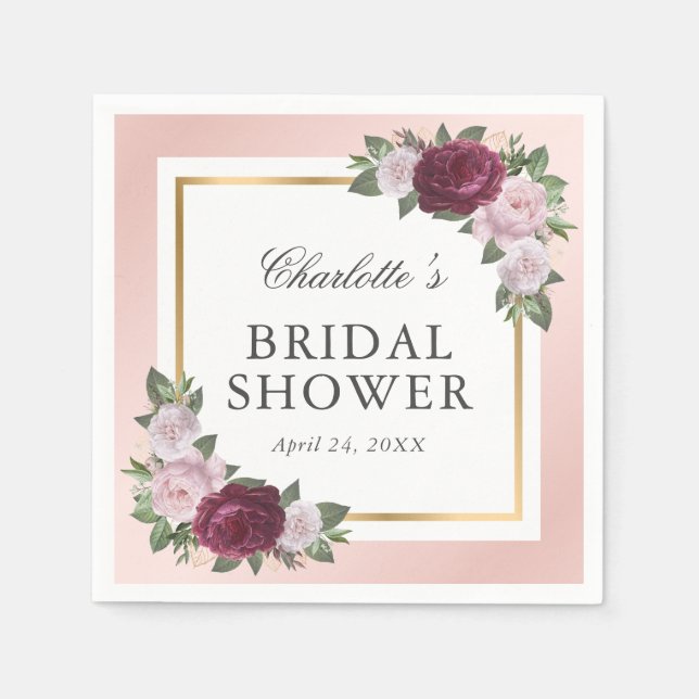 Blush Pink Gold Burgundy Floral Bridal Shower Napkin (Front)