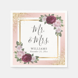 Blush Pink Gold Burgundy Floral Wedding Napkin