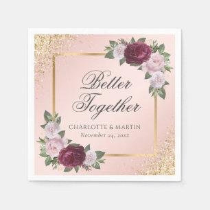 Blush Pink Gold Burgundy Floral Wedding Napkin