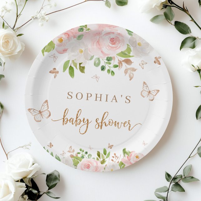 Blush pink, gold butterflies baby shower paper plate (Creator Uploaded)