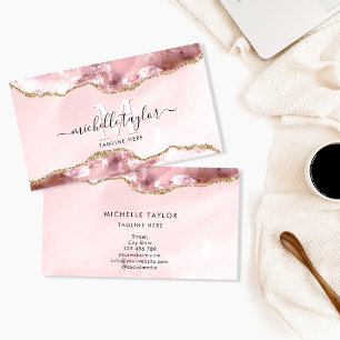 Blush Pink Gold Chic Glitter Gold Agate Monogram Business Card