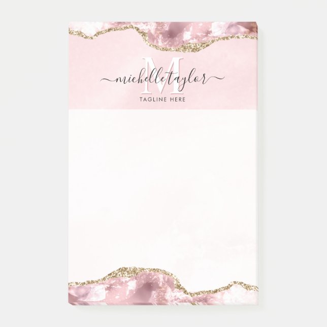Blush Pink Gold Chic Glitter Gold Agate Monogram   Post-it Notes (Front)