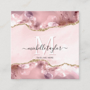 Blush Pink Gold Chic Glitter Gold Agate Monogram Square Business Card
