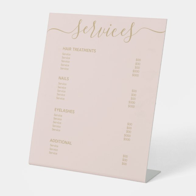 Blush Pink Gold Chic Hair Stylist Price List Menu Pedestal Sign (Front)