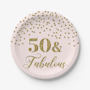 Blush Pink Gold Confetti 50th Birthday Party Paper Plate