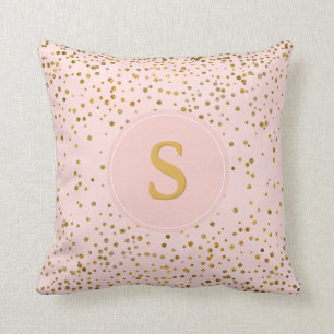 Blush Pink Gold Confetti Dots Monogram Initials Cushion