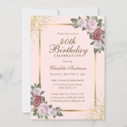 Blush Pink Gold Confetti Floral 40th Birthday Invitation