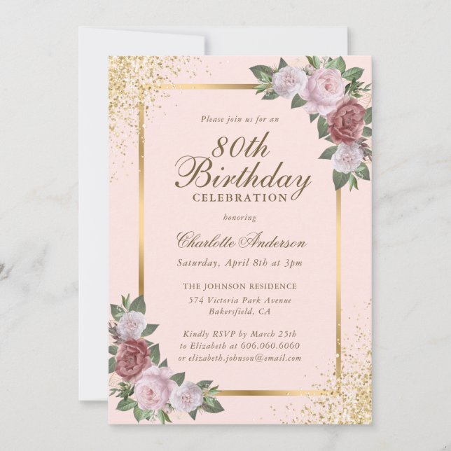 Blush Pink Gold Confetti Floral 80th Birthday Invitation (Front)
