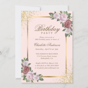 Blush Pink Gold Confetti Floral Birthday Party Invitation