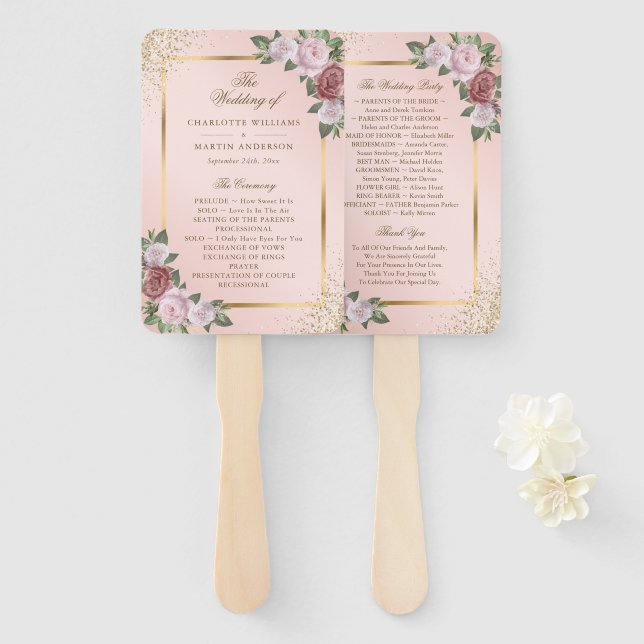Blush Pink Gold Confetti Floral Wedding Program Hand Fan (Front and Back)