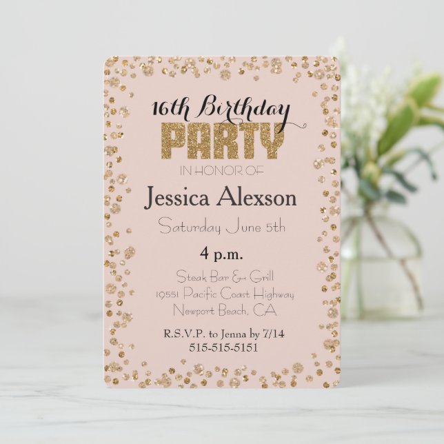 Blush Pink Gold Confetti Glitter 16th Birthday Invitation (Standing Front)