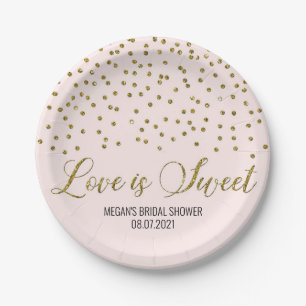 Blush Pink Gold Confetti Love is Sweet Paper Plate