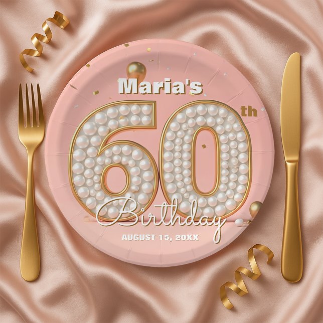 Blush Pink Gold Confetti Pearl 60th Birthday Paper Plate (Creator Uploaded)