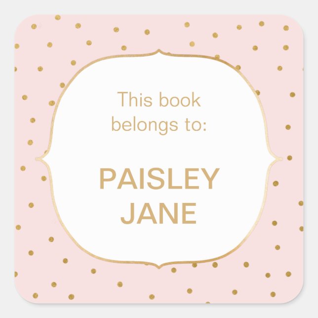 Blush Pink gold confetti SMALL baby girl bookplate Square Sticker (Front)