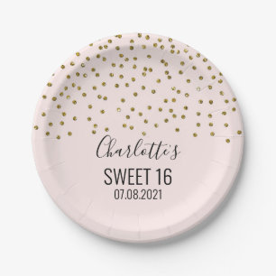 Blush Pink Gold Confetti Sweet 16 Birthday Party Paper Plate