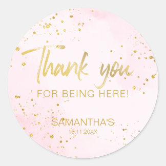 Blush Pink & Gold Confetti Sweet 16 Thank You Classic Round Sticker