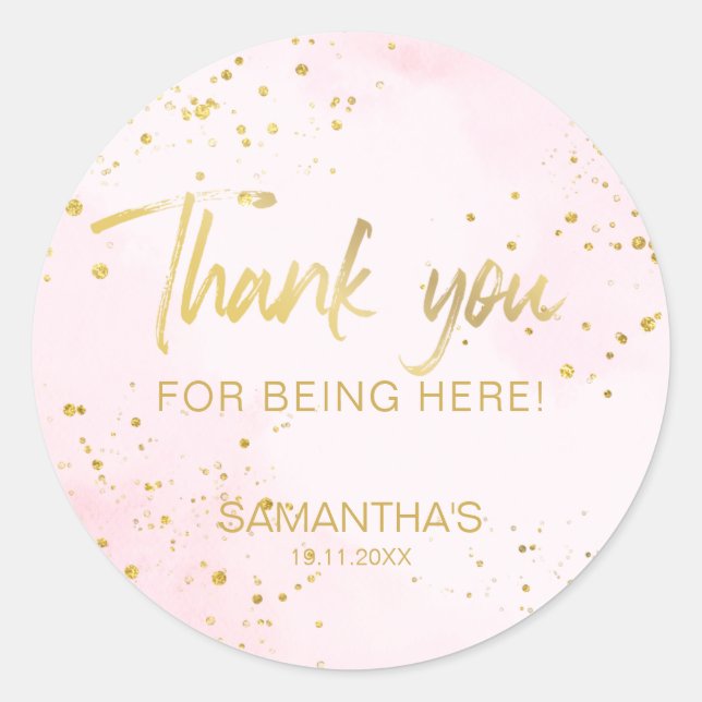 Blush Pink & Gold Confetti Sweet 16 Thank You Classic Round Sticker (Front)