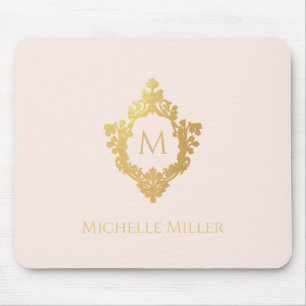 Blush Pink Gold Crest Elegant Monogram Name Mouse Pad