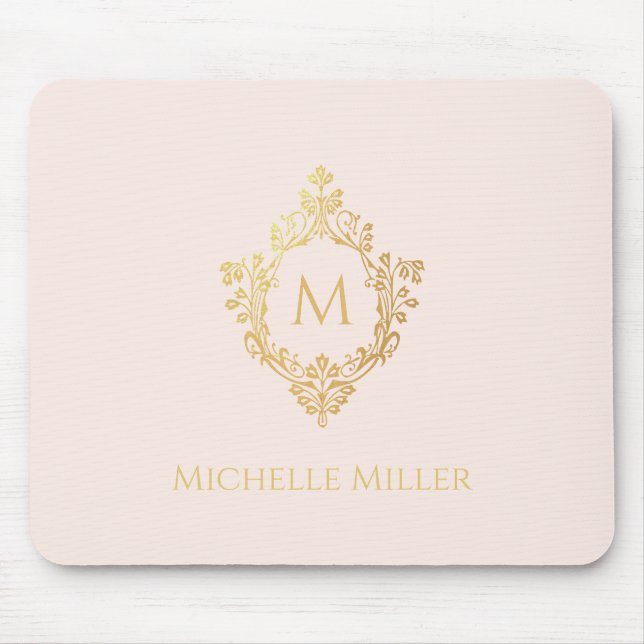 Blush Pink Gold Crest Elegant Monogram Name Mouse Pad (Front)