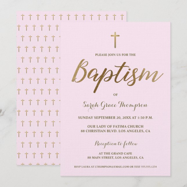 Blush Pink Gold Cross Custom Baby Girl Baptism Invitation (Front/Back)