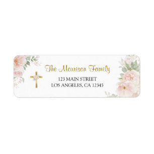Blush Pink Gold Cross Girl Baptism Return Address