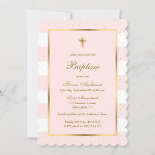 Blush Pink Gold Cross Stars Striped Girl Baptism Invitation