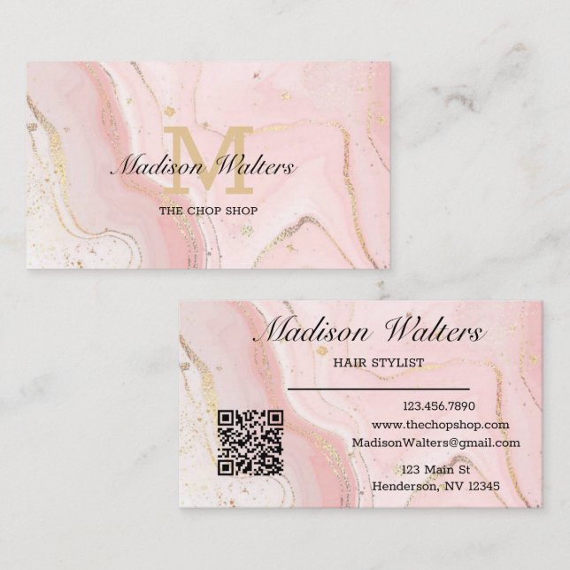 Blush Pink Gold Custom Logo QR Code Agate Monogram Business Card (Front/Back)