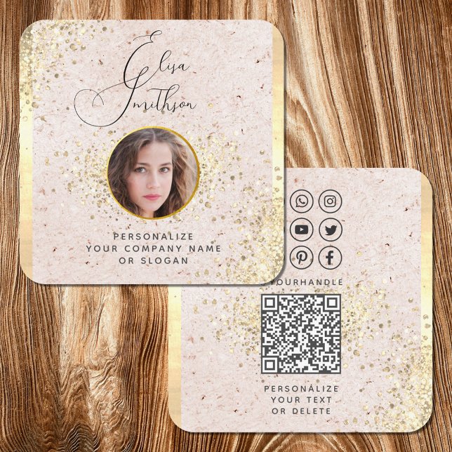  Blush Pink Gold Custom Social Media QR Code Photo Square Business Card (Creator Uploaded)