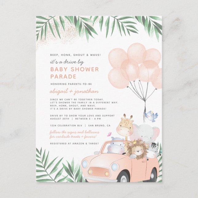 Blush Pink & Gold Cute Safari Drive By Baby Shower Invitation Postcard (Front)