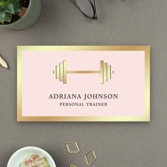 Blush Pink Gold Dumbbell Fitness Personal Trainer Business Card (Creator Uploaded)