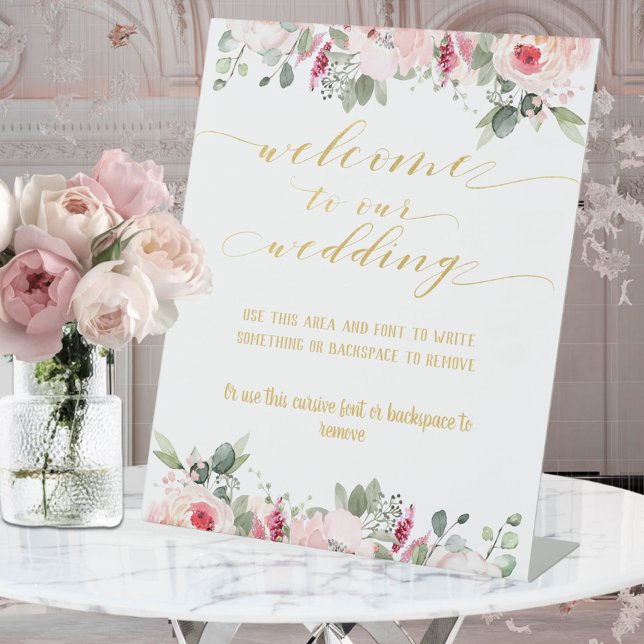 Blush Pink & Gold Fancy Font Calligraphy Welcome Pedestal Sign (Creator Uploaded)