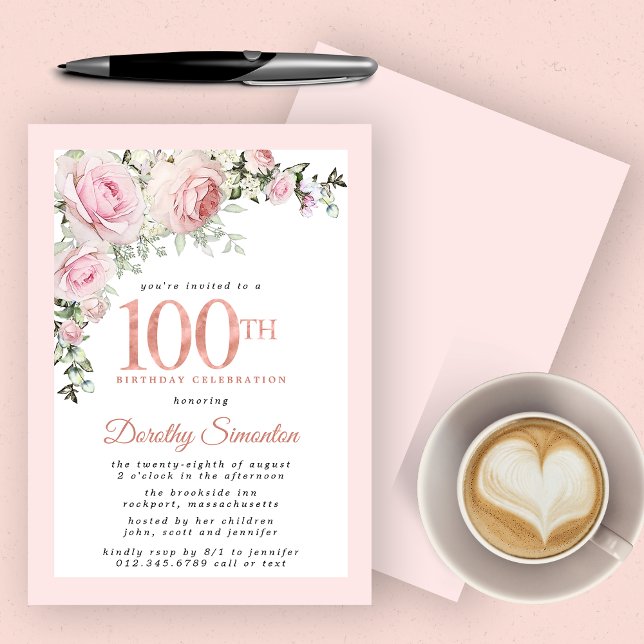 Blush Pink Gold Floral 100th Birthday Party Invitation (Creator Uploaded)