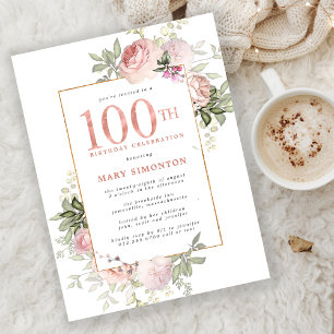Blush Pink Gold Floral 100th Birthday Party Invitation Postcard