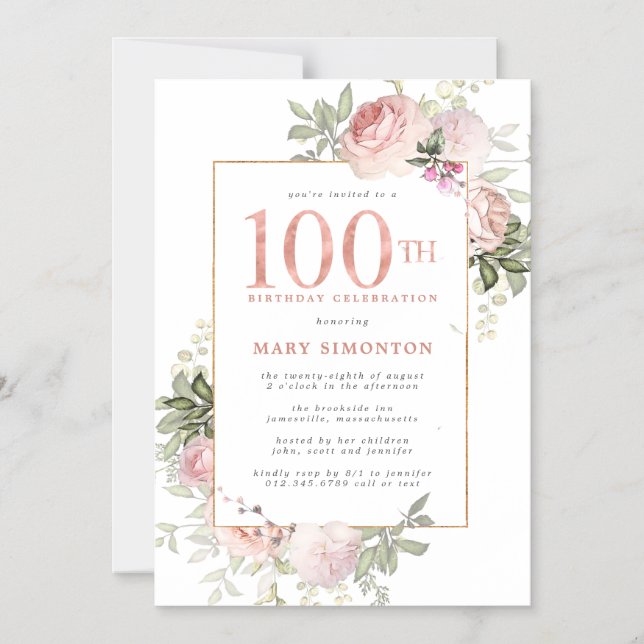 Blush Pink Gold Floral 100th Birthday Party Magnetic Invitation (Front)