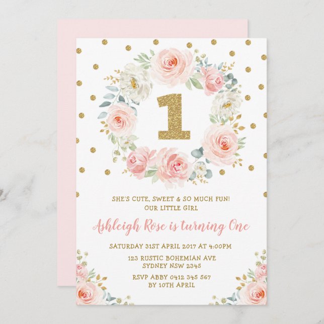 Blush Pink Gold Floral 1st Birthday Wild One Party Invitation (Front/Back)