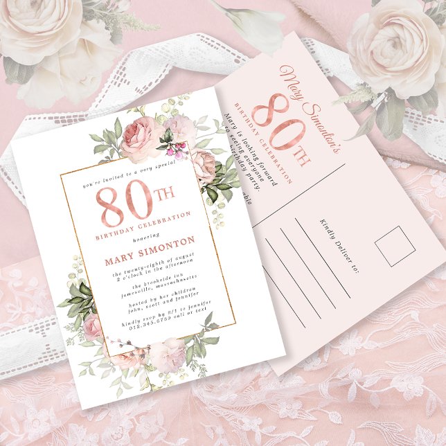 Blush Pink Gold Floral 80th Birthday Party Invitation Postcard (Creator Uploaded)