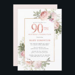 Blush Pink Gold Floral 90th Birthday Party Invitation<br><div class="desc">Honour a special woman with this elegant and feminine 90th Birthday party invitation. 90th is written in large rose pink text. Birthday celebration follows. The honoured guest's name is also in pink capital letters. The remainder of the text is soft dove grey. The 90th birthday celebration details are surrounded by...</div>