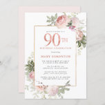 Blush Pink Gold Floral 90th Birthday Party Invitation<br><div class="desc">Honour a special woman with this elegant and feminine 90th Birthday party invitation. 90th is written in large rose pink text. Birthday celebration follows. The honoured guest's name is also in pink capital letters. The remainder of the text is soft dove grey. The 90th birthday celebration details are surrounded by...</div>