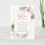 Blush Pink Gold Floral 90th Birthday Party Invitation<br><div class="desc">Honour a special woman with this elegant and feminine 90th Birthday folded party invitation. 90th is written in large pink text. Birthday celebration follows. The honoured guest's name is also in pink capital letters. The remainder of the text is soft dove grey. The birthday celebration details are surrounded by a...</div>