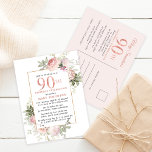 Blush Pink Gold Floral 90th Birthday Party Invitation Postcard<br><div class="desc">Honour a special woman with this elegant and feminine 90th Birthday party invitation. 90th is written in large pink text. Birthday celebration follows. The honoured guest's name is also in pink capital letters. The remainder of the text is soft dove grey. The birthday celebration details are surrounded by a chic...</div>