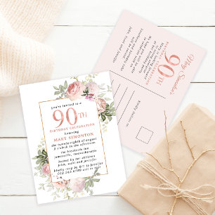 Blush Pink Gold Floral 90th Birthday Party Invitation Postcard