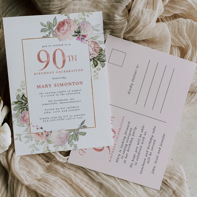 Blush Pink Gold Floral 90th Birthday Party Invitation Postcard (Creator Uploaded)