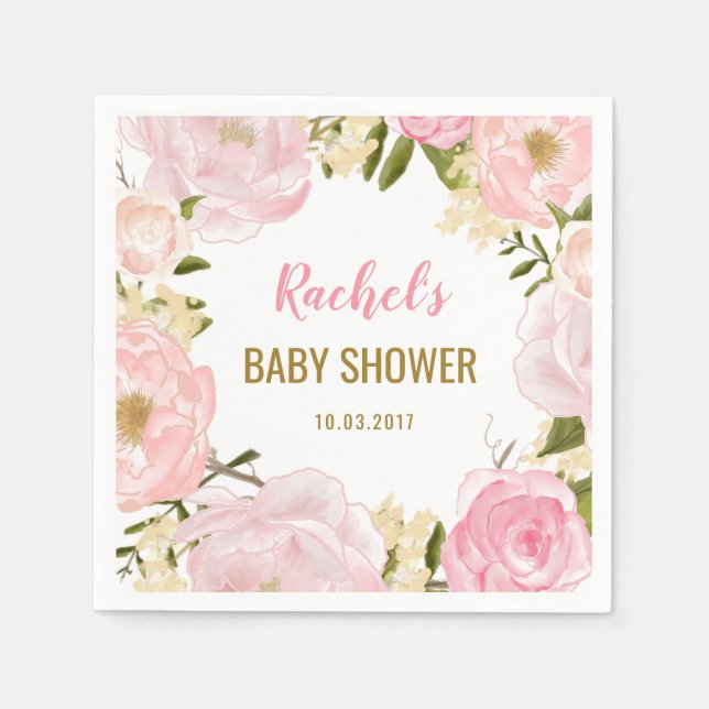Blush Pink Gold Floral Baby Shower Paper Napkins (Front)