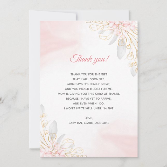 Blush Pink Gold Floral Baby Shower Thank You Card (Front)