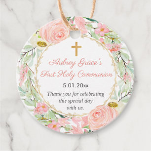 Blush pink gold floral baptism first communion favour tags