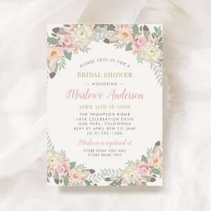 Blush Pink Gold Floral Boho Wedding Bridal Shower Invitation