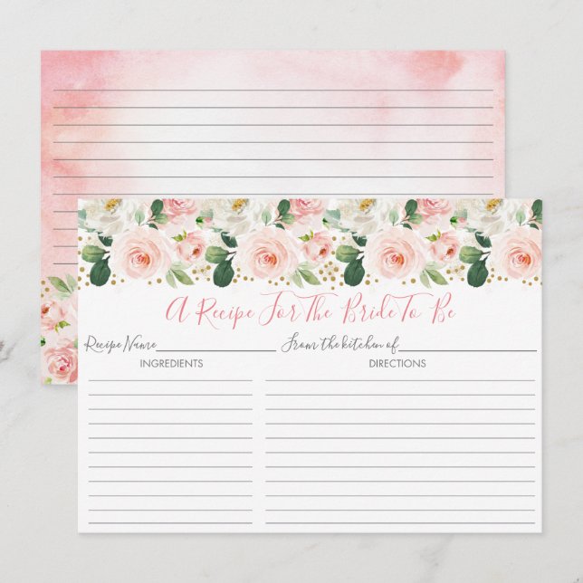 Blush Pink Gold Floral Bridal Shower Recipe Cards (Front/Back)
